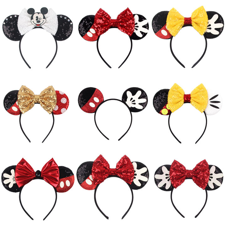 Disney Mickey Black Mouse Ears Headband For Girls Women Sequins 5"Bow Party Hairband Festival DIY Hair Accessories Femme
