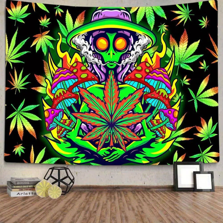 VIKAMA%20Trippy%20Stoner%20Alien%20Tapestry,%20Weed%20Leaf%20&%20Magic%20Mushroom%20Print,%20Aesthetic%20Hippie%20Wall%20Decor%20for%20Teen%20Room%20-%20Image%202