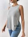 Solid Curved Hem Tank Top Grey Casual Collar Fabric Plain Tank Embellished Medium Stretch Women Clothing. 
