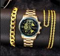 3 Pcs /Mens Fashion Golden Jewelry Deal Top class Casual  Watch + Braclet+Nacklace For Men/Boys Trendy Watch In Random Dial Designs. 