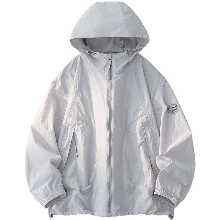 Outdoor UPF50+ Men's Hooded Sunscreen Jacket Summer Ultra Thin Zipper Pocket Windbreaker Elastic Cuffs Hiking Fishing Skin Coats