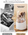 360° Rotating Makeup Brush Holder | Transparent Brush Organizer Box with Lid | Dust-Proof Vanity Desktop Bathroom Counter Cosmetic Accessory - White (1-Piece). 