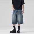 2026 Summer American Lightning Crack Black Grey Jeans Men's Straight Tube Loose Wide Leg Shorts Y2k Street Hip Hop Sevens. 