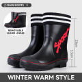 Mid-calf Rain Boots Men Slip-On Waterproof Rubber Rain Shoes Work Mud Boots Warm Durable Non-Slip Boots Farming Fishing Camp. 