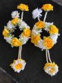 artificial flowers jewellery bridal for event haldi mehendi 2 gajray mayyu 2 earrings 2 rings 1 teeka marigold genda babybreaths artificial imported quality flowers. 