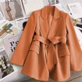 Traf Blazer Women Chic Jacket Medium Length Long Sleeved Overcoat Solid Color Lace Up Office Lady Topcoat  Autumn Winter Coat. 