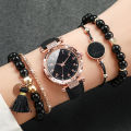 5PCS/Set Women's Watch Fashion Rhinestone Leather Band Quartz Watch Beads Bracelets Set(Without Box). 