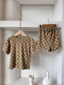 2 pcs Summer baby retro outfits plaid top and shorts Loose neutral short sleeved set kids neutral clothes.