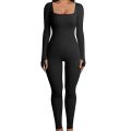 Solid Color Ribbed Yoga Jumpsuit, Seamless Slim Fit Long Sleeve Sports Bodysuit, Women's Activewear.