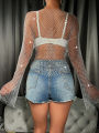 Mesh See Through T Shirt Shiny Rhinestone Fishnet Hollow Out Women Sexy Crop Top Long Sleeve Camis Cover Up Party Tank Tops. 