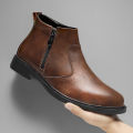 Autumn and Winter New High-Top Leather Shoes for Men, Zippered Leather Boots, Fashionable Versatile Business Casual Shoes, Men's Formal Shoes, Chelsea Boots.
