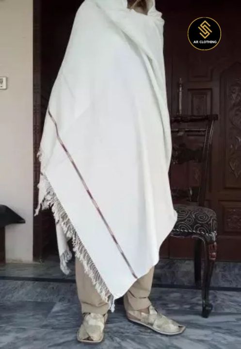 Off White Shawl For Men - Baghdadi Iraqi Style 4 Border Chadder Kashmiri Dhussa Wool Shawl