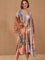 Beach Kimono for Women Peocock Printed Swimsuit Cover Up Self Belted Wrap Dresses Seaside Bathing Suits Beachwear.