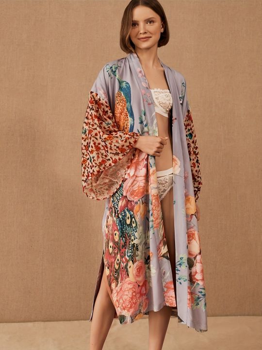 Beach%20Kimono%20for%20Women%20Peocock%20Printed%20Swimsuit%20Cover%20Up%20Self%20Belted%20Wrap%20Dresses%20Seaside%20Bathing%20Suits%20Beachwear%20-%20Image%203