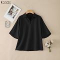 Women Summer Blouse 2026 ZANZEA Fashion Office OL Shirt Lapel Neck 3/4 Sleeve Solid Tunic Stylish Casual Cotton Work Tops Femme.