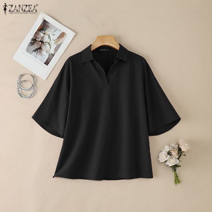 Women%20Summer%20Blouse%202026%20ZANZEA%20Fashion%20Office%20OL%20Shirt%20Lapel%20Neck%203/4%20Sleeve%20Solid%20Tunic%20Stylish%20Casual%20Cotton%20Work%20Tops%20Femme%20-%20Image%204