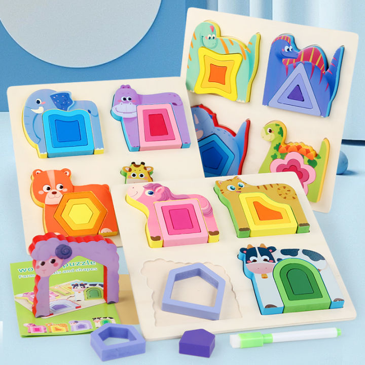 Montessori Animal Jigsaw Puzzle Hand Grasping Nesting Board Wooden Shape Sorting Puzzle Sensory Toys Learning Educational Toys