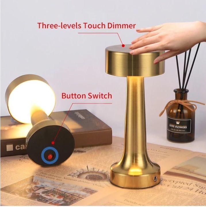 Golden LED Desk Lamp with Touch Sensor - 3 Light Modes, Dimmable, and USB Rechargeable