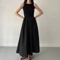 New Summer Simple Elegant Black Long Dresses For Women Round Neck Sleeveless High Waist Temperament Female Fashion Style Dress.
