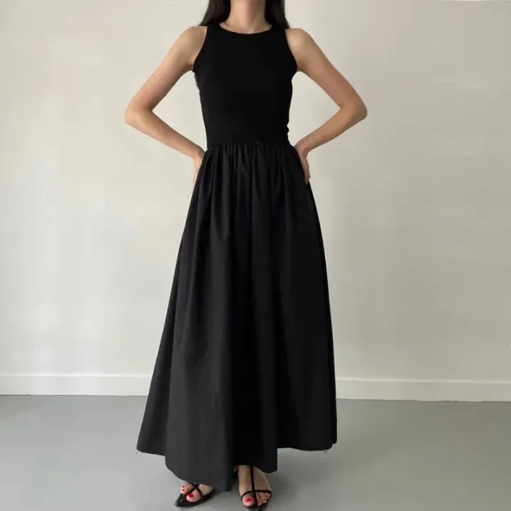 New%20Summer%20Simple%20Elegant%20Black%20Long%20Dresses%20For%20Women%20Round%20Neck%20Sleeveless%20High%20Waist%20Temperament%20Female%20Fashion%20Style%20Dress%20-%20Image%204