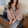 2025 Spring V-neck Chiffon Shirt Women Sweet Tops Blouse New Korean Floral Print Long Sleeve Casual Loose Slim Lady Clothes 9307. 