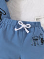 2pcs Summer Baby Boys Cartoon Pig Hooded Set, Cute Print Romper + Shorts, Cool Casual Style, Daily/Home/Photoshoot Wear, 0-12M.