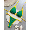 Embroidery Brasil Flag Contrast Split Bikini Set Women Swimwear Patchwork Swimsuit Hottie Outfit SummerBeachwear.