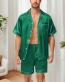 Men's Silky Satin 2Pcs Pajama Set Short-Sleeve Lapel Chest Pocket Shirt And Shorts Smooth Touch Soft Sleepwear Cozy Nightshirts. 