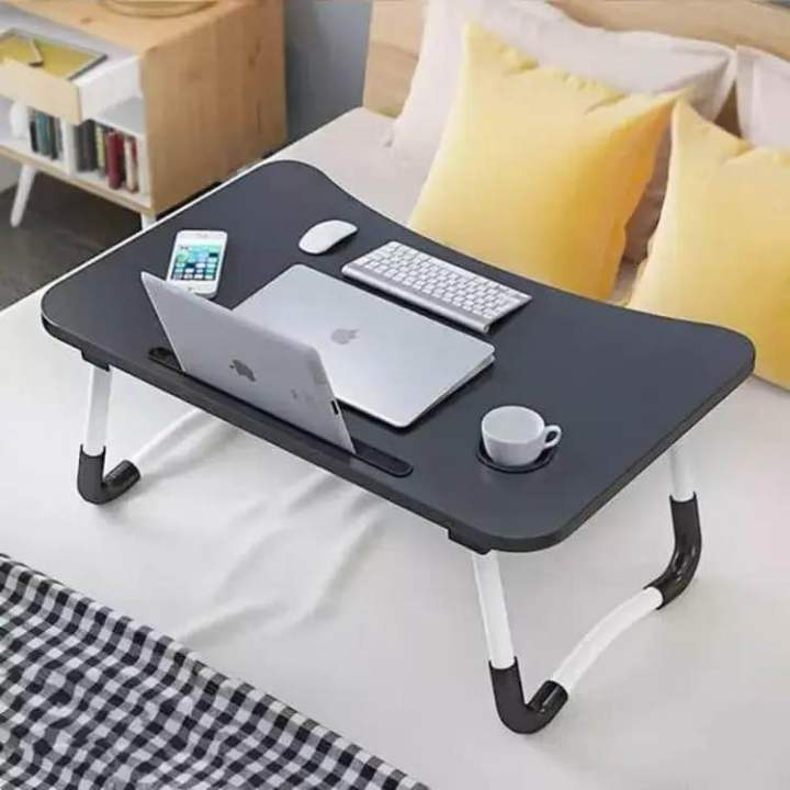 Multi-Purpose Laptop Table Stand 23x16 Inch Foldable and Portable Bed Table with iPad/Tablet Holder, Non-Slip Legs, Ergonomic Design, Lightweight MDF Wood, Light Blue or Green