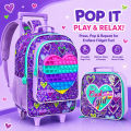 3PCS Rolling Backpack for Girls, Kids Roller Wheels Bookbag, Wheeled School Bag with Lunch Bag - Heart Purple.