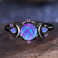 Fashion Female Round Purple Imitation Fire Opal Black Rings for Women Bridal Accessories High Quality Vintage Jewelry .