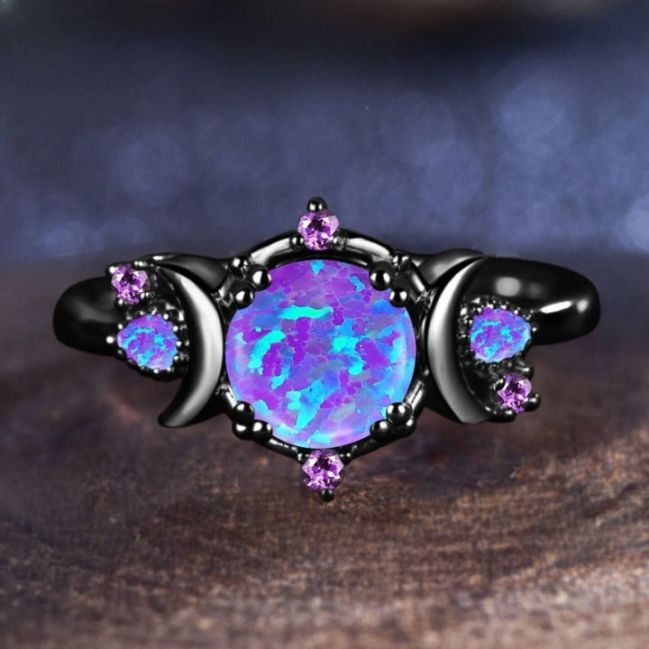 Fashion Female Round Purple Imitation Fire Opal Black Rings for Women Bridal Accessories High Quality Vintage Jewelry
