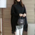 Women Poncho Coat Solid Elegant Pullover Female Jumper Irregular Tassel. 