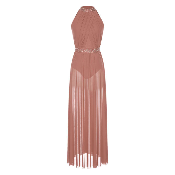 Womens%20Ballet%20Dress%20Lyrical%20Latin%20Dance%20Performance%20Costume%20Sleeveless%20Keyhole%20Back%20Shiny%20Rhinestones%20Side%20Split%20Mesh%20Maxi%20Dress%20-%20Image%204