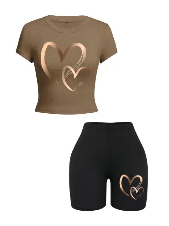 Summer%20Women%20Slim-fit%20T-Shirts%20&%20Shorts%202%20Pieces%20Set%20Simple%20Hearts%20Pattern%20Prints%20Crop%20Tops%20Fashion%20High%20Elastic%20Soft%20Clothes%20-%20Image%204