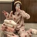 Autumn Winter Warm Flannel Fleecing Women's Pajamas Sets Coral Velvet Long Sleeve Cartoon Sleepwear Pants Sets Flannel Homewear. 