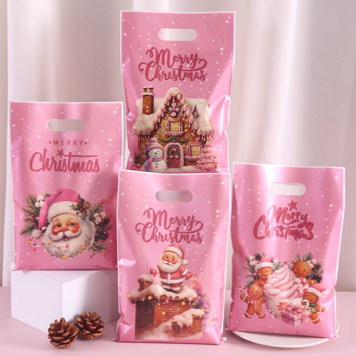 50pcs Pink Merry Christmas  Bags Santa Claus Candy Bags for Home 2025 Winter Holiday Christmas Decoration Navidad 