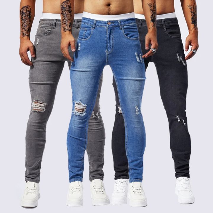Ripped Men's Jeans Slim Stretch Holes Fashion Biker Denim Pants Skinny Personality Hip Hop Streetwear Male Fashion Trousers