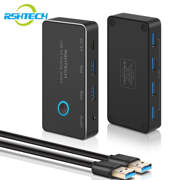 RSHTECH USB 3.0 Hub Switch Selector with 4 USB 3.0 Ports Aluminum 2 Computers Sharing 5 Peripheral Devices USB KM Switcher Hub