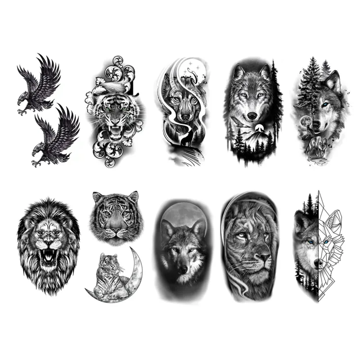 10pcs%20Waterproof%20Temporary%20Tattoo%20Sticker%20Dark%20Wolf%20Lion%20Tiger%20Eagle%20Snake%20Deer%20Skeleton%20Scorpion%20Body%20Art%20Arm%20Tattoo%20Women%20Men%20-%20Image%204