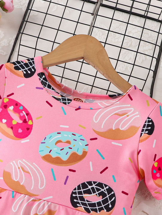 Pink%20cute%20donut%20full%20print%20short%20sleeved%20round%20neck%20girl's%20dress%20-%20Image%203