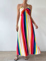 Women's Summer Ethnic Pattern Backless Split Thigh Dress Ladies Summer Clothes Boho Fashion Frill Trim Long Dress for Beach.
