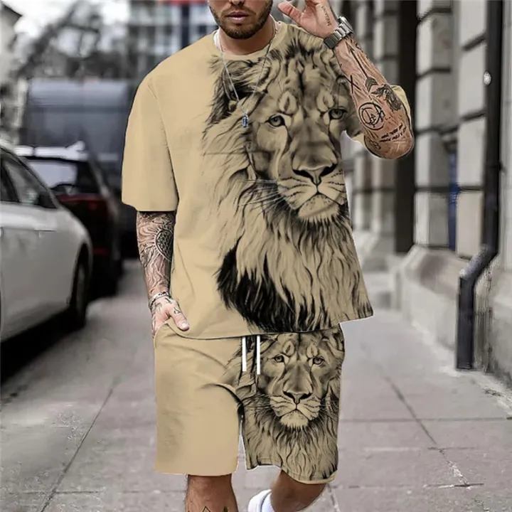 Plus%20Size%203D%20Lion%20Print%20Men's%20Cool%20T-shirt%20Shorts%20Set%20For%20Sports%20fitness%20Summer%20Street%20Style%20Oversized%20Graphic%202Pcs%20Men%20Clothing%20-%20Image%202