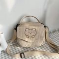 Cute Embroidered Bear Crossbody Bag Square Shoulder Bag Coin Purse For Girls Corduroy Crossbody Bag Student Shoulder Bag. 