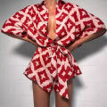 2026 New Autumn Women Loose Casual Print Strap Jumpsuit Red Print Bow Tie Turndown Collar Loose Bodysuit  Outfits Streetwear. 