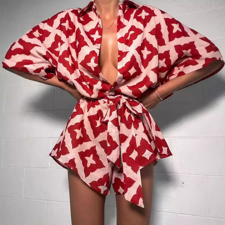 2026 New Autumn Women Loose Casual Print Strap Jumpsuit Red Print Bow Tie Turndown Collar Loose Bodysuit  Outfits Streetwear