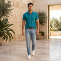 T-Shirt Republic Polo Tshirt for Men Summer Cotton Pique Knit Casual Plain Polo T Shirts Teal Blue Color. 