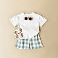 Summer 2Pcs Newborn Baby Boys Clothes Set Girls Suit Casual Dinosaur Printed T-shirt+Checkered Shorts Infant Toddler Outfit 0-3Y.