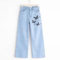 Light Blue High Waist Wide Leg Printed Jeans for Women & Girls | Comfortable Baggy Denim Trousers. 