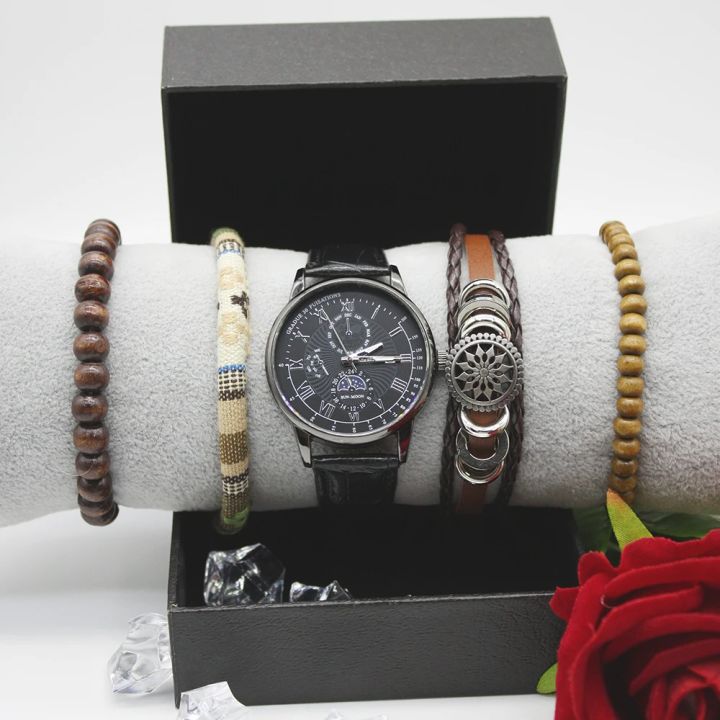 【Discount offer】5pcs Set Men's Watch Automatic Man Bracelets Leather Belt Fashion Waterproof Shock Resistant Watch for Outdoor Explore Fishing